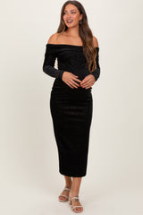 Black Shiny Velour Off Shoulder Maternity Midi Dress