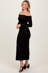 Black Shiny Velour Off Shoulder Midi Dress