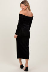 Black Shiny Velour Off Shoulder Midi Dress