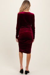 Burgundy Velvet Long Sleeve Ruched Maternity Midi Dress