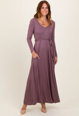 Mauve V-Neck Long Sleeve Sash Tie Maxi Dress