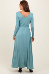 Light Olive V-Neck Long Sleeve Sash Tie Maxi Dress