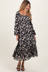 Black Floral Damask Print Smocked Maternity Midi Dress