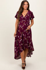 Burgundy Floral Short Sleeve Wrap Hi-Low Maternity Maxi Dress