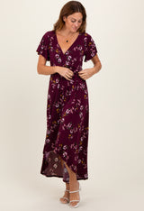 Burgundy Floral Short Sleeve Wrap Hi-Low Maxi Dress