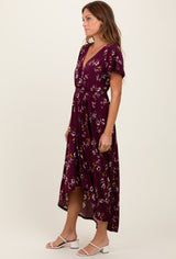 Burgundy Floral Short Sleeve Wrap Hi-Low Maxi Dress