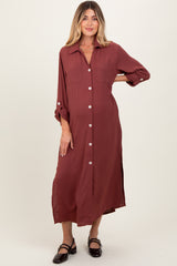 Rust Long Sleeve Button Down Maternity Maxi Dress