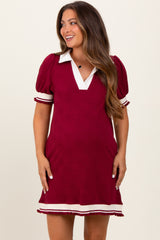 Burgundy Knit Contrast Trim Collared Maternity Mini Dress