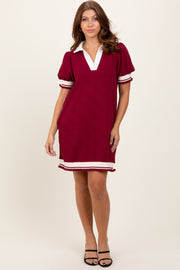 Burgundy Knit Contrast Trim Collared Mini Dress