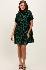 Forest Green Sequin Mock Neck Tie Back Dress