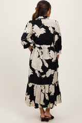 Black Floral Print Cinched Tie Waist Maternity Shirt Dress