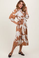 Camel Floral Print Cinched Tie Waist Shirt Dress