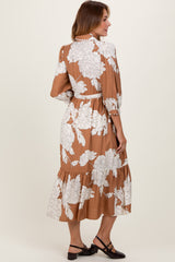 Camel Floral Print Cinched Tie Waist Shirt Dress