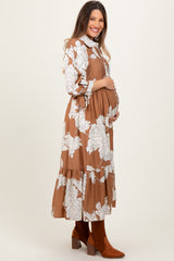 Camel Floral Print Cinched Tie Waist Maternity Shirt Dress