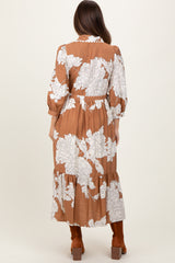 Camel Floral Print Cinched Tie Waist Maternity Shirt Dress