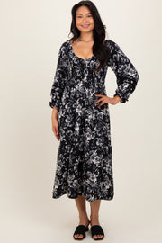 Black Floral Smocked 3/4 Sleeve Tiered Midi Dress