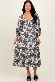 Cream Floral Smocked 3/4 Sleeve Tiered Midi Dress