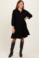 Black Linen Button Up Tiered Dress