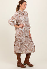 Brown Printed Split Ruffle Collar Midi Dress