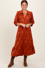 Dark Orange Floral Applique Collared Maternity Midi Dress