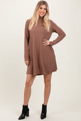 Mocha Ribbed Mock Neck Long Sleeve Basic Maternity Dress