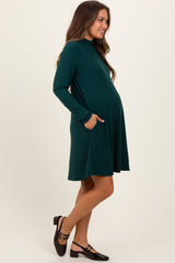 Forest Green Ribbed Mock Neck Long Sleeve Basic Maternity Dress