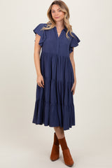 Navy Blue Ruffle Sleeve V-Neck Tiered Midi Dress