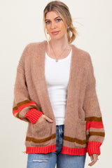 Camel Chunky Knit Stripe Detail Sweater Cardigan