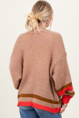 Camel Chunky Knit Stripe Detail Sweater Cardigan