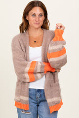 Beige Chunky Knit Stripe Detail Sweater Cardigan