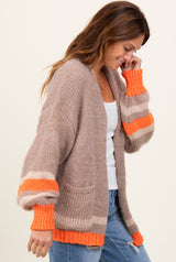 Beige Chunky Knit Stripe Detail Sweater Cardigan