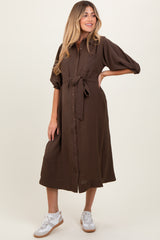 Brown Sash Tie Maternity Midi Shirt Dress