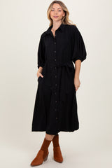 Black Sash Tie Midi Shirt Dress