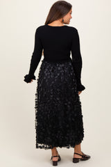 Black Floral Applique Contrast Skirt Maternity Midi Dress