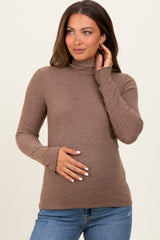 Mocha Ribbed Knit Ruffle Edge Turtleneck Maternity Top