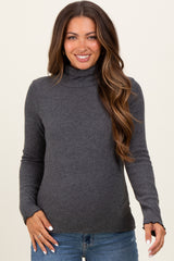 Charcoal Ribbed Knit Ruffle Edge Turtleneck Maternity Top