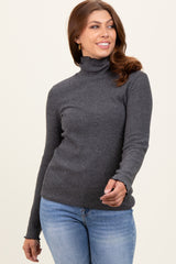 Charcoal Ribbed Knit Ruffle Edge Turtleneck Top