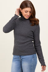 Charcoal Ribbed Knit Ruffle Edge Turtleneck Maternity Top