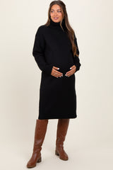 Black Turtleneck Side Slit Maternity Midi Sweater Dress