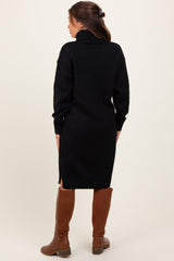 Black Turtleneck Side Slit Maternity Midi Sweater Dress