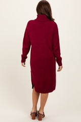 Burgundy Turtleneck Side Slit Midi Sweater Dress