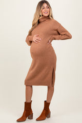 Camel Turtleneck Side Slit Maternity Midi Sweater Dress