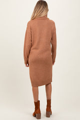 Camel Turtleneck Side Slit Maternity Midi Sweater Dress