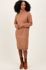 Camel Turtleneck Side Slit Maternity Midi Sweater Dress