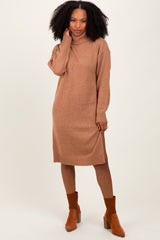 Camel Turtleneck Side Slit Midi Sweater Dress