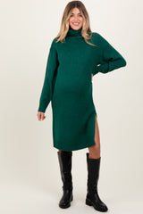 Forest Green Turtleneck Side Slit Maternity Midi Sweater Dress