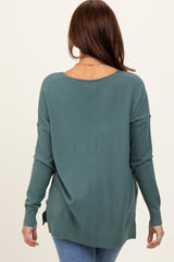 Olive Front Seam V-Neck Side Slit Sweater