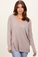 Beige Front Seam V-Neck Side Slit Maternity Sweater