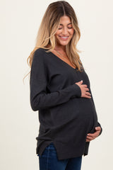 Charcoal Front Seam V-Neck Side Slit Maternity Sweater