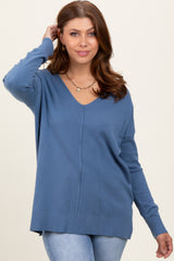 Blue Front Seam V-Neck Side Slit Sweater